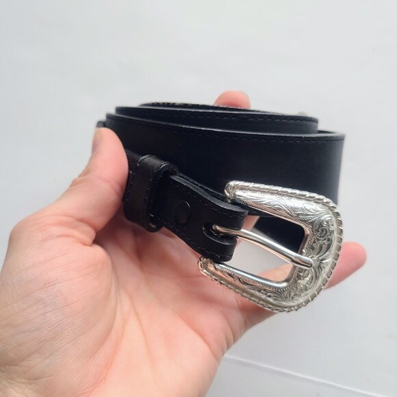 Nocona Belt Co. Black Genuine Leather Western Silver Buckle Belt Size Medium main image 5